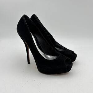 Gucci Sophia Black Suede Peep Toe Pumps Heels Women's 37